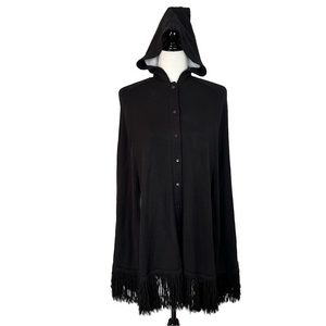 Vintage 70s Black Hooded Cape Fringe Boho Hippie Goth Whimsigoth Grunge Cosplay